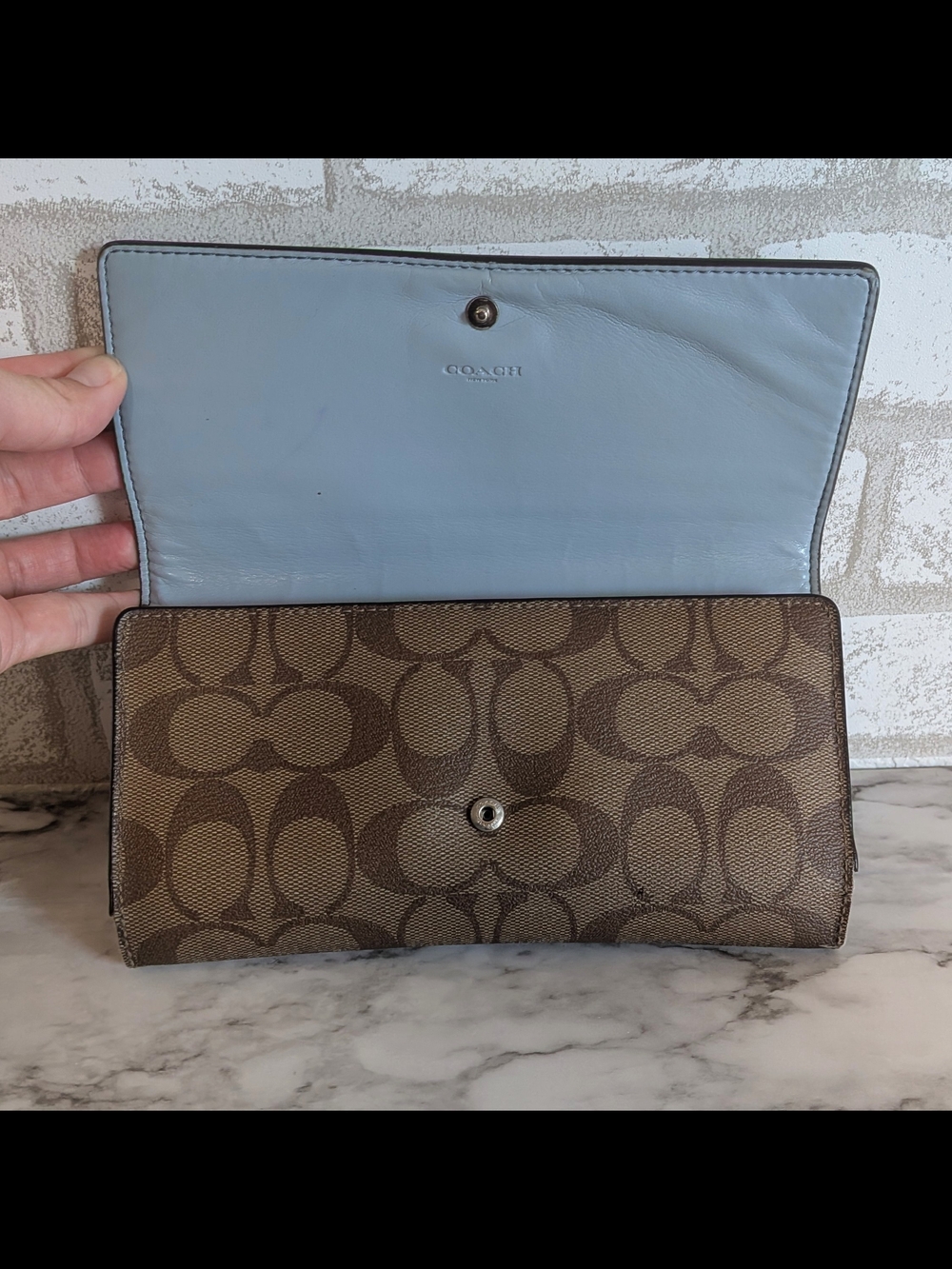Coach Light Blue Leather & Signature Brown Continental Wallet - Picture 4 of 4